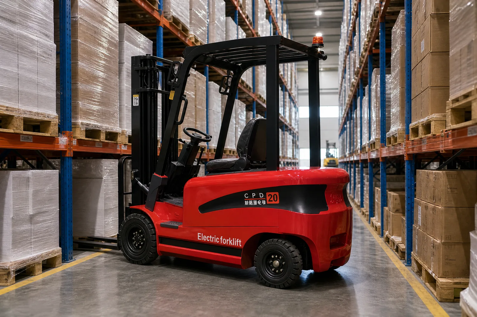 MS-08 0.8 t electric forklift working in narrow aisle